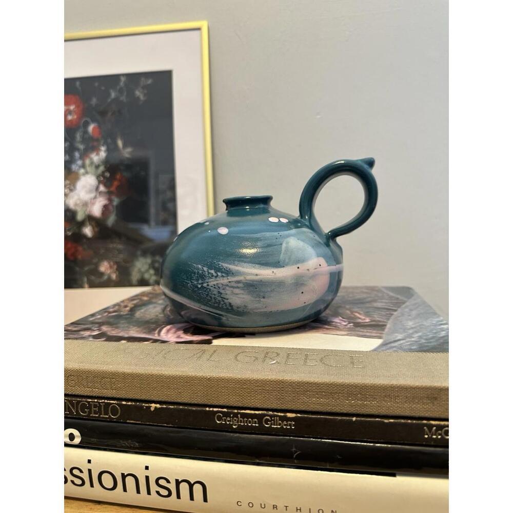 Signed Bowen Handpainted Turquoise Blue & Pink Studio Art Pottery Decorative